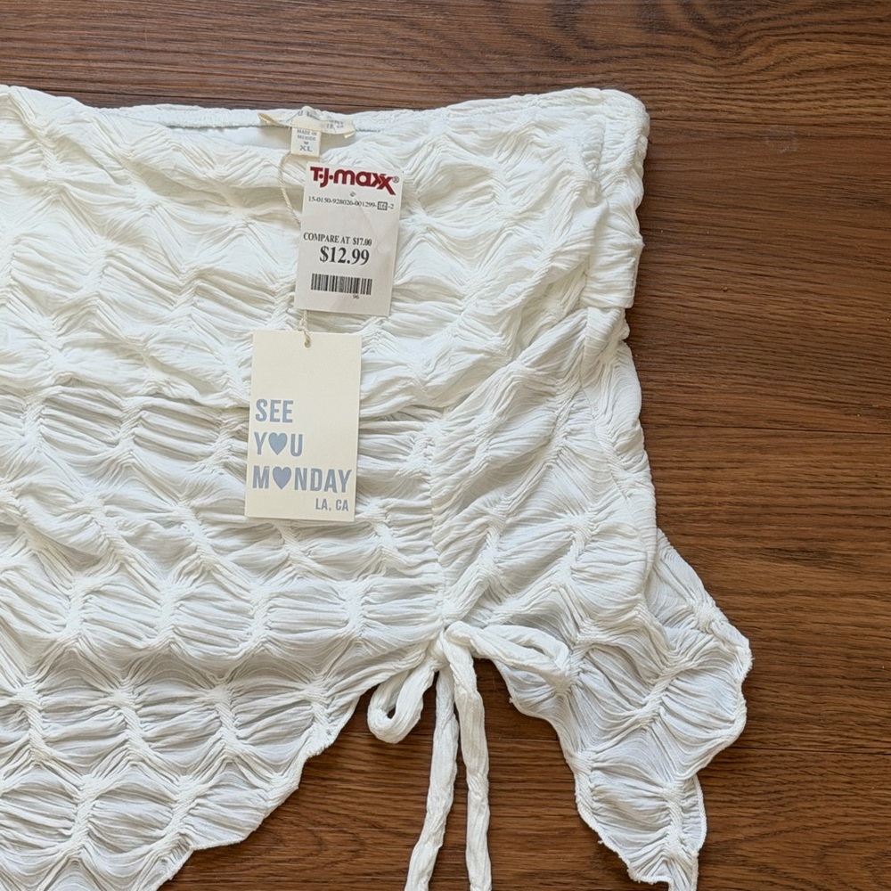NWT SEE YOU MONDAY strapless white asymmetrical crop top